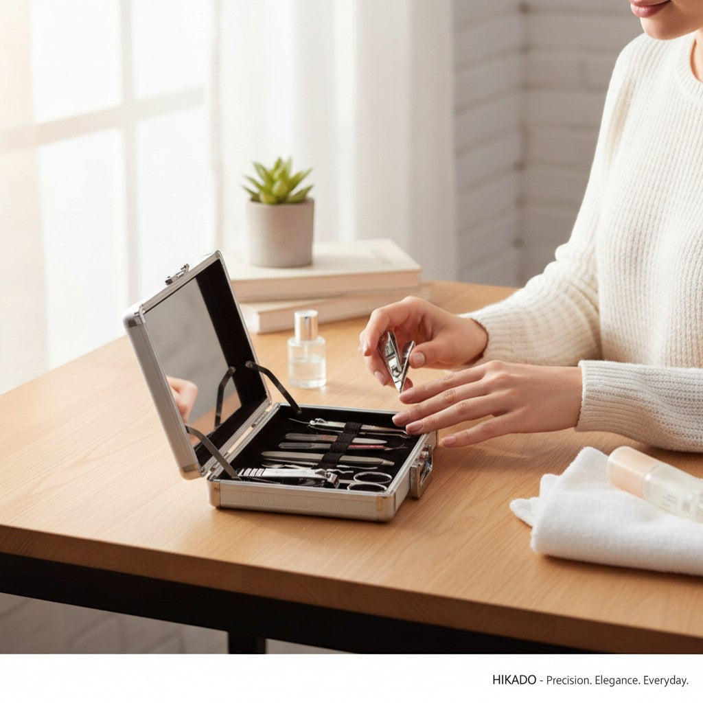 Regalos Ejecutivos Ortiz silver metal manicure case with 11 stainless steel grooming tools including clippers, scissors, and files.