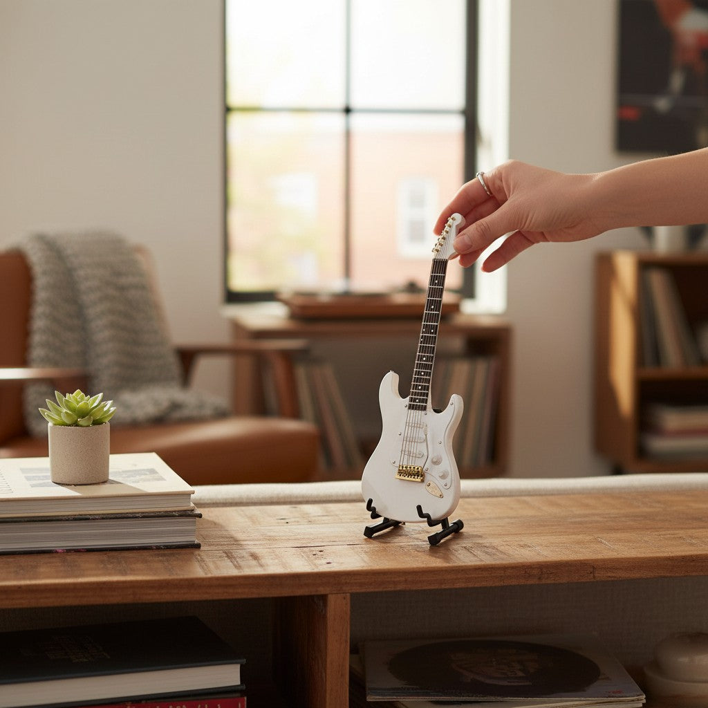 Regalos Ejecutivos Ortiz white electric guitar replica on stand, 14 cm decorative collectible.
