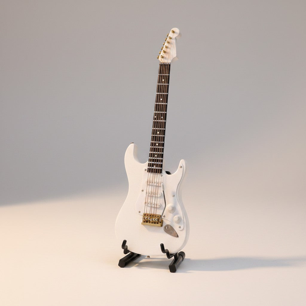 Regalos Ejecutivos Ortiz white electric guitar replica on stand, 14cm decorative collectible.