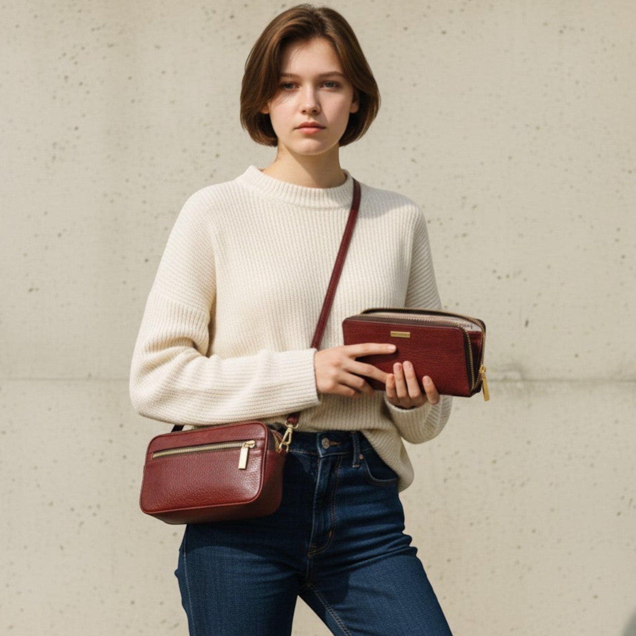 Regalos Ejecutivos Ortiz women's wine red genuine leather wallet with gold zipper and metallic plate.