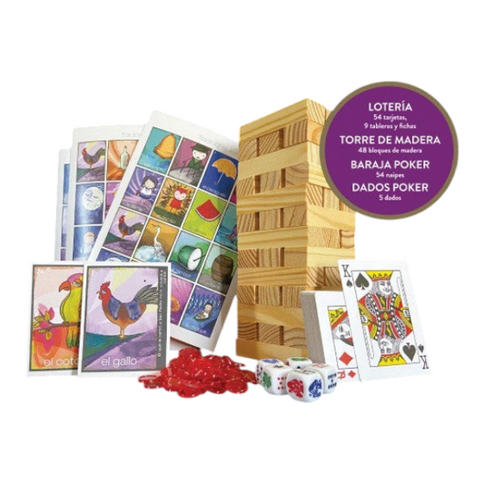 Set de juegos Regalos Ejecutivos Ortiz con lotería, torre de madera, cartas de póker y dados en caja de regalo