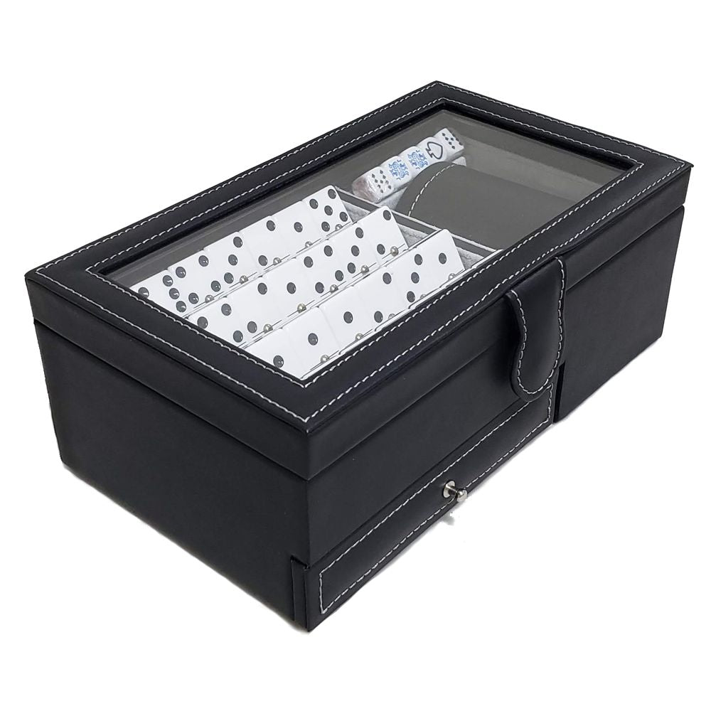CASINO PIEL DOMINO BARAJA Y CUBILETE NEGRO