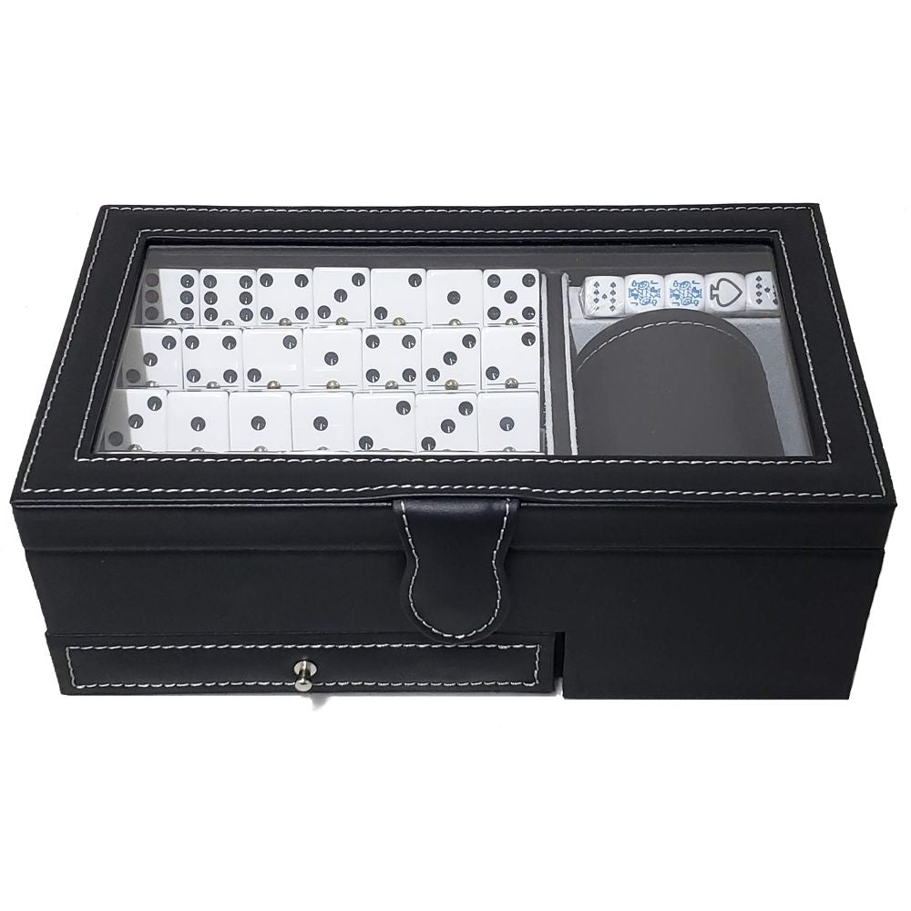CASINO PIEL DOMINO BARAJA Y CUBILETE NEGRO